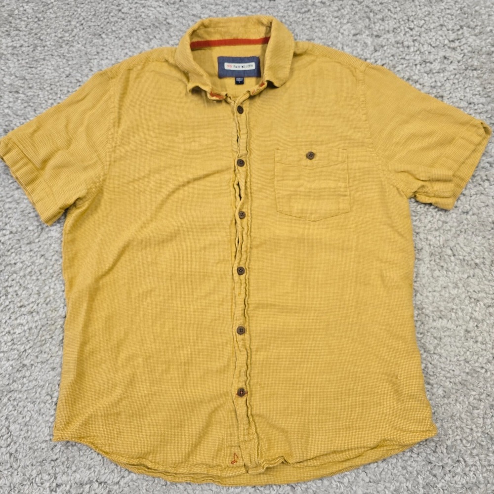 32 Bar Blues Shirt Mens Large Yellow Cotton Linen Waffle Short Sleeve Casual